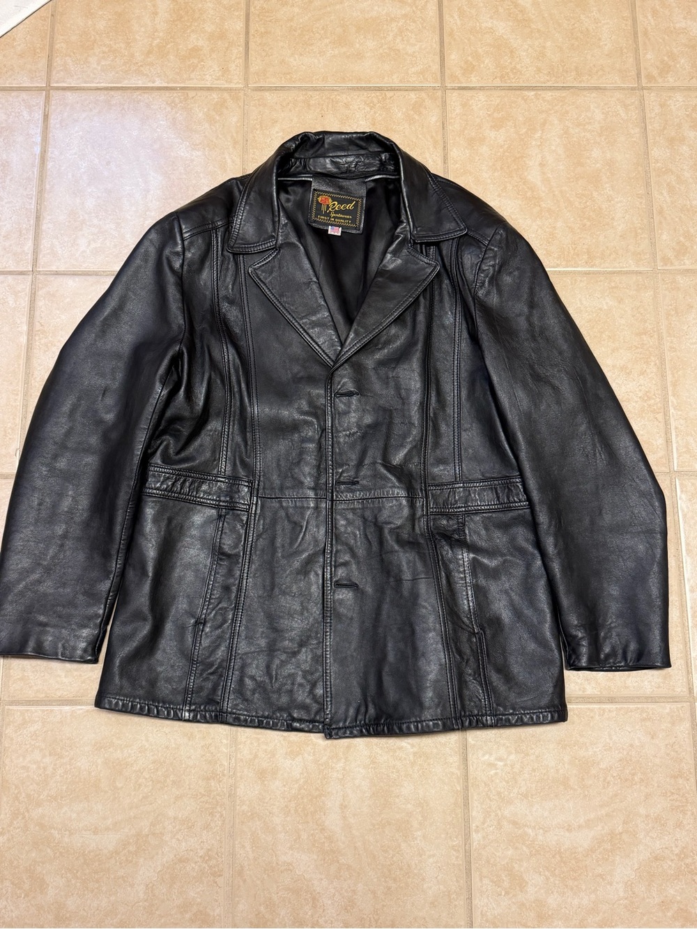 Reed Sportswear Vintage Men’s Black Leather Jacket– Classic Button Front